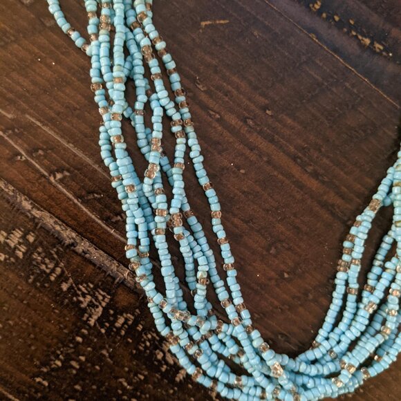 Long Turquoise Multi Strand Seed Bead Necklace Boho Waterfall Style Beaded Blue - Picture 2 of 4